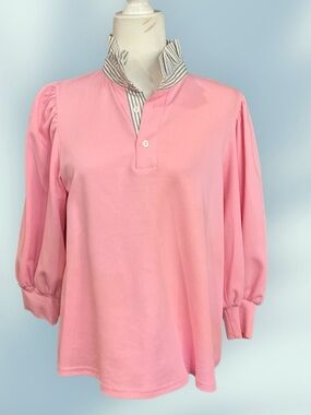 Entro Pink Puff-Sleeve Polo Tunic with Striped Stand Collar, size S